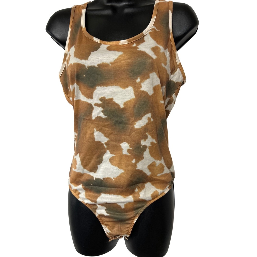 Lucky & Blessed Cow Print Bodysuit‎ Womens Medium Brown Tan ES10 NWT